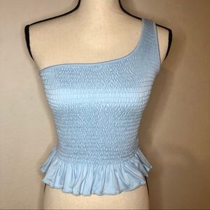 Gaze Baby Blue Ruffle One Shoulder Stretchy Peplum Blouse Top Size S